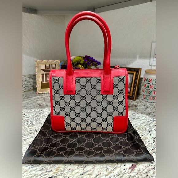 GUCCI MONOGRAM CANVAS MINI BAG W Red LEATHER DUAL HANDLES - Picture 1 of 15